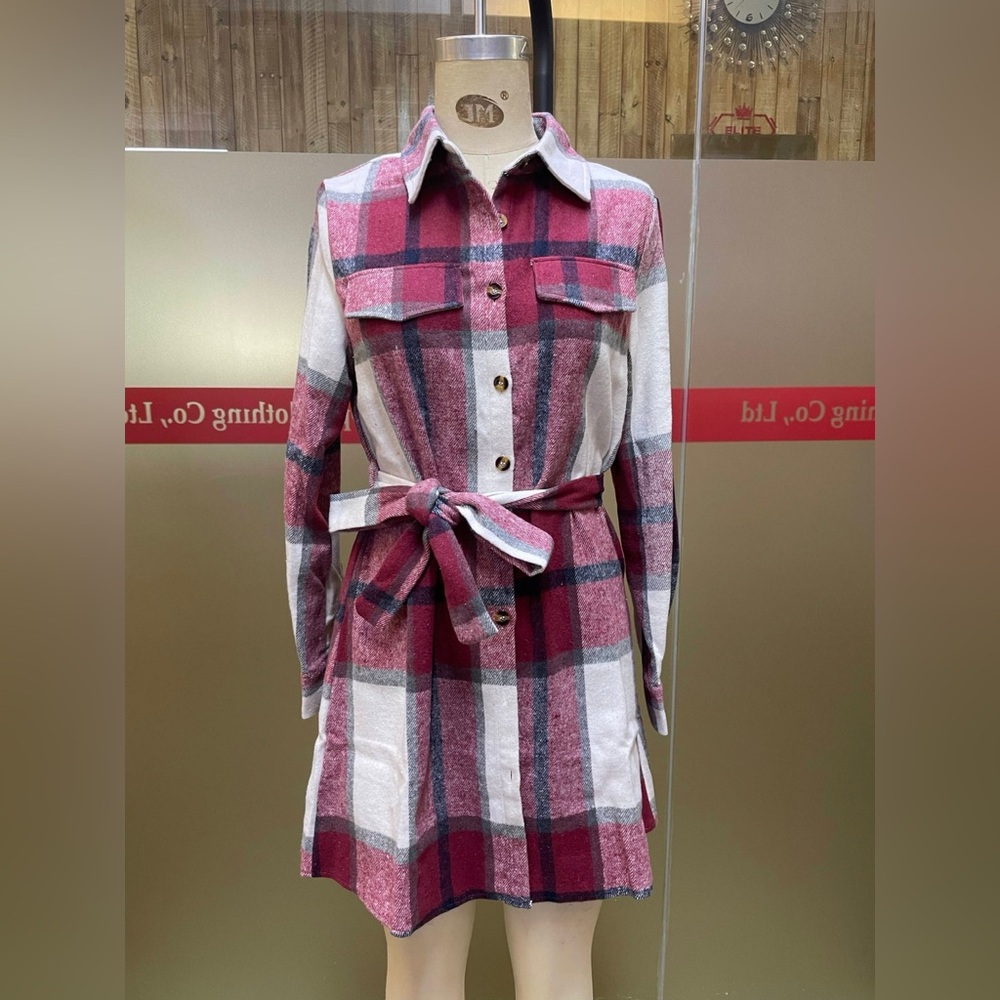 Plaid Belted Shirt Shacket/Dress
